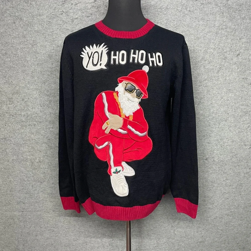 Ugly Christmas Sweater Mens XL Black Hip Hop Santa Yo Ho Ho Ho Holiday B-Boy